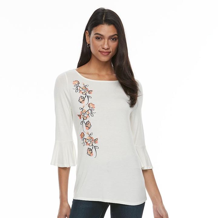 Women's Apt. 9&reg; Embroidered Bell-sleeve Tee, Size: Large, White
