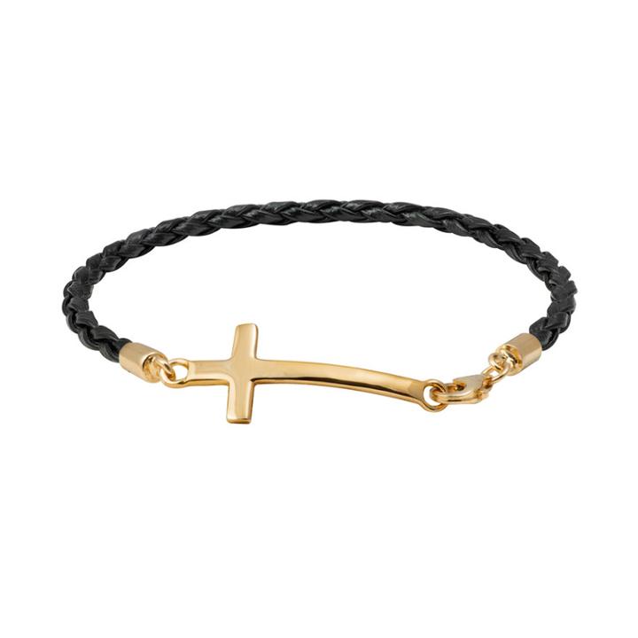 Gold Tone Sterling Silver And Woven Leather Sideways Cross Bracelet, Women's, Size: 7.5, Med Yellow