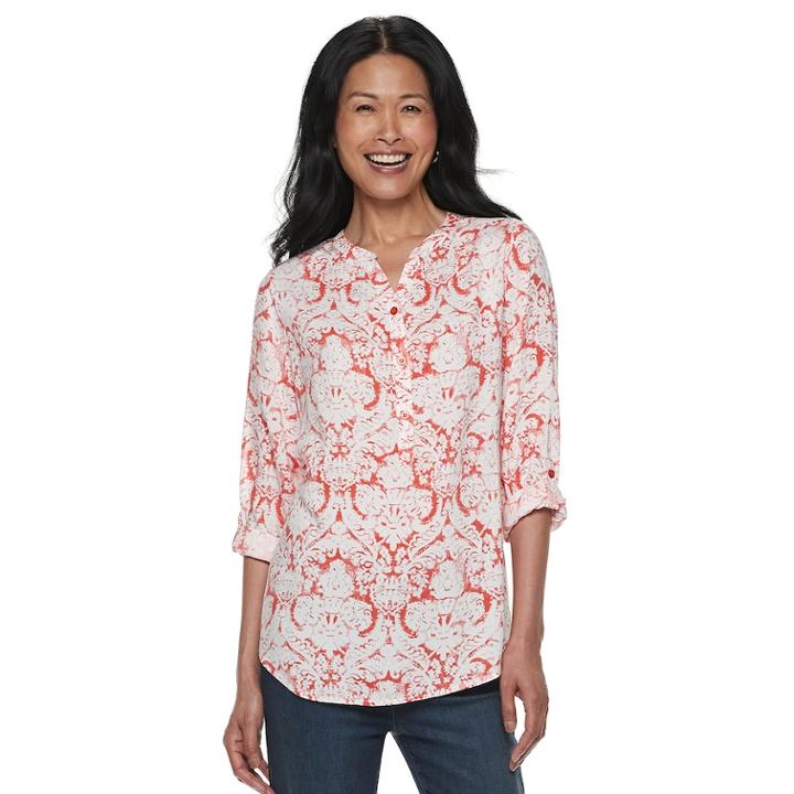 Women's Cathy Daniels Scroll Henley Top, Size: Xl, Brt Orange