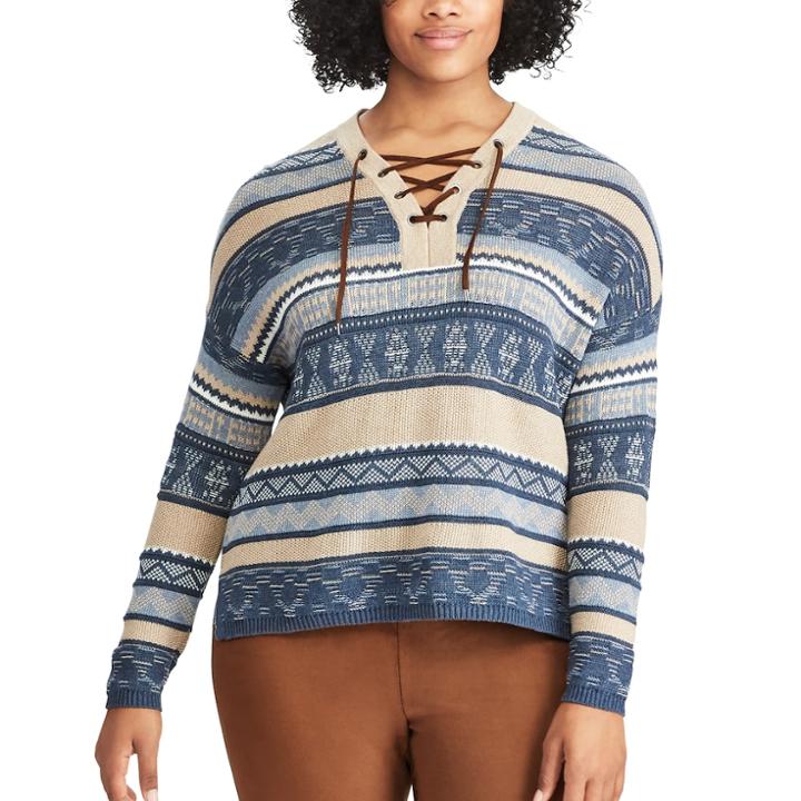 Plus Size Chaps Striped Lace-up Sweater, Women's, Size: 2xl, Brown