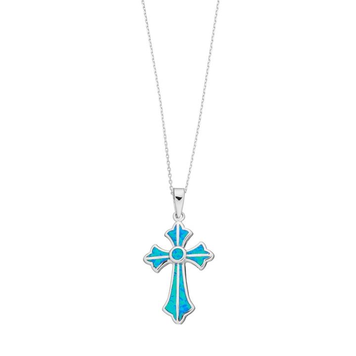 Sterling Silver Lab-created Blue Opal Cross Pendant, Women's, Size: 18
