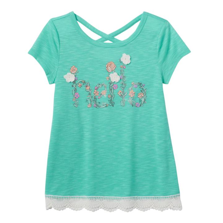 Girls 7-16 & Plus Size Mudd&reg; Criss Cross Back Crochet Trim Graphic Tee, Girl's, Size: 14, Brt Green