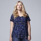 Plus Size Simply Vera Vera Wang Printed Rounded-hem Tee, Women's, Size: 2xl, Dark Blue