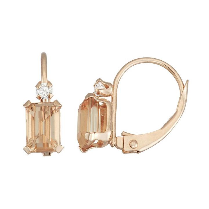 10k Rose Gold Emerald-cut Simulated Morganite & White Zircon Leverback Earrings, Women's, Pink