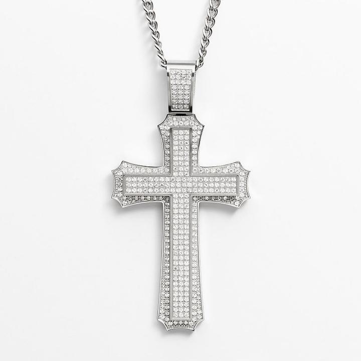 Stainless Steel Cubic Zirconia Cross Pendant - Men, Size: 24, White