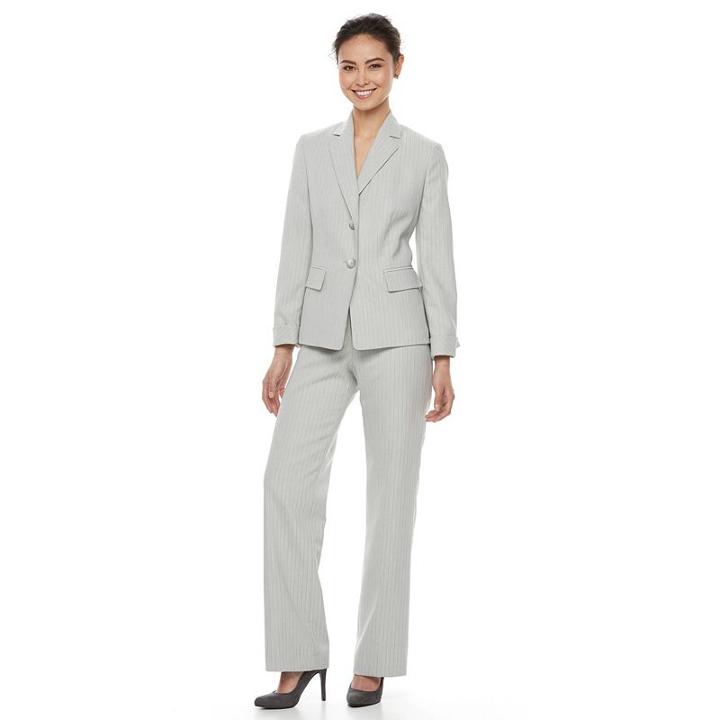 Women's Le Suit Pinstriped Suit Jacket & Pants Set, Size: 16, Med Beige