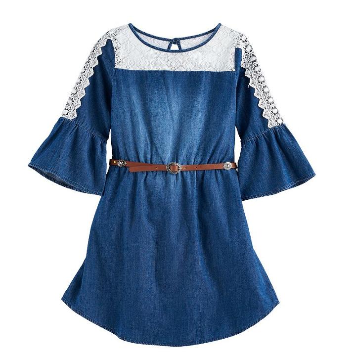 Girls 7-16 My Michelle Lace Chambray Belted Dress, Size: Medium (7), Blue Other