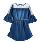Girls 7-16 My Michelle Lace Chambray Belted Dress, Size: Medium (7), Blue Other