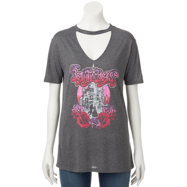 Disney's Beauty And The Beast Juniors' Choker Neck Graphic Tee, Teens, Size: Xs, Grey Other