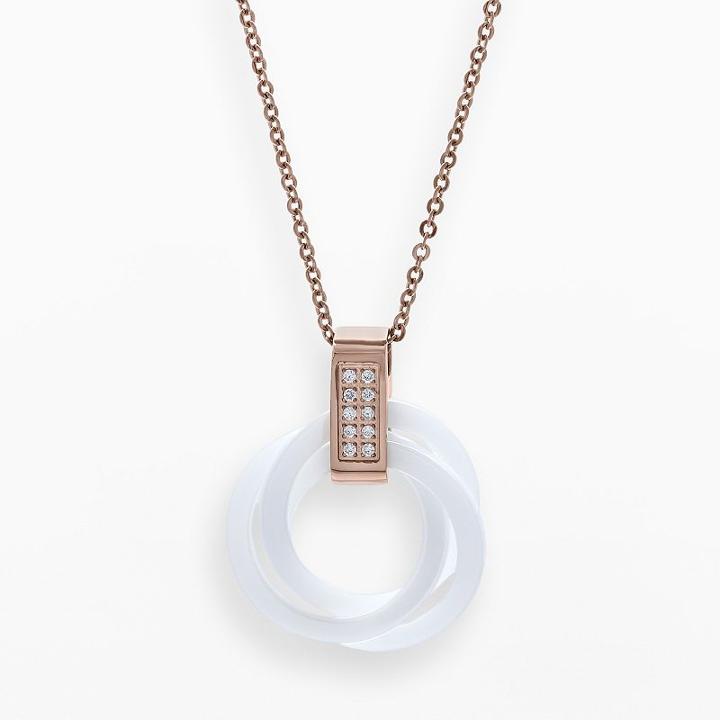 Rose Ion-plated Stainless Steel And White Ceramic Cubic Zirconia Interlocking Circle Pendant, Women's, Size: 18