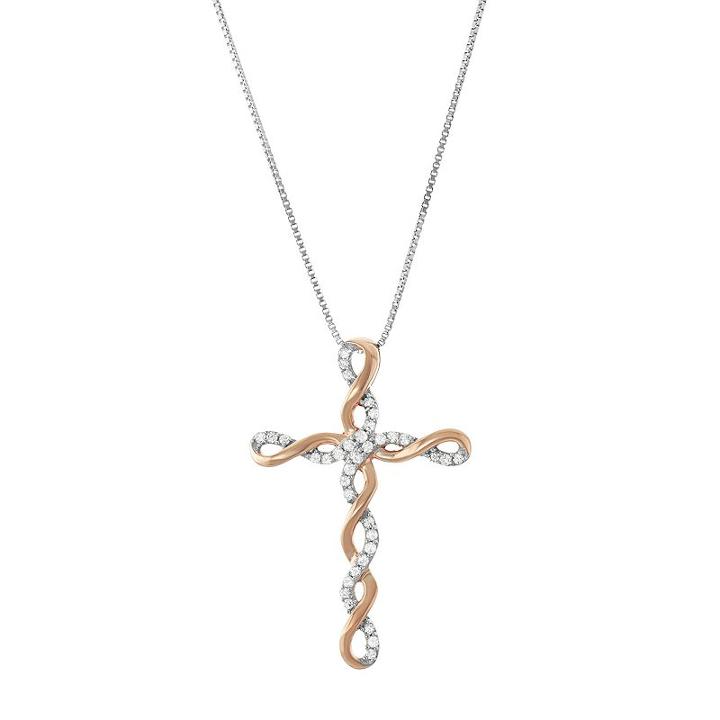 Two Tone Sterling Silver 1/5 Carat T.w. Diamond Cross Pendant Necklace, Women's, Size: 18, White