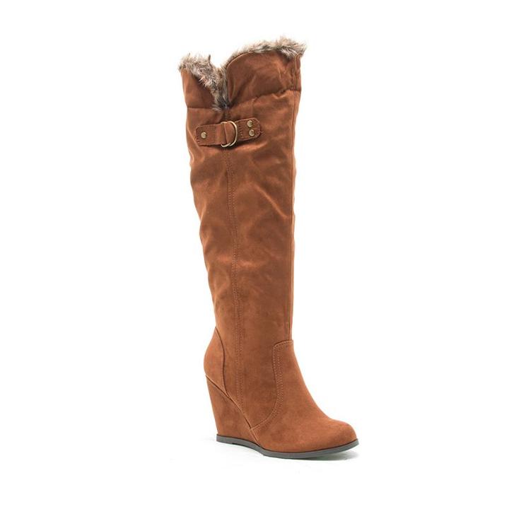 Qupid Noya Women's Wedge Knee-high Boots, Girl's, Size: 10, Brown