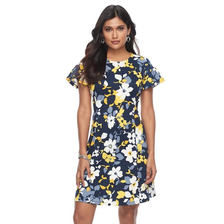 Petite Suite 7 Floral Fit & Flare Dress, Women's, Size: 4 Petite, Navy Yellow
