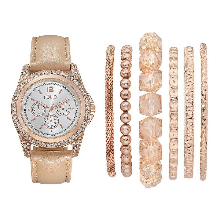 Folio Women's Crystal Watch & Bracelet Set, Size: Medium, Beig/khaki