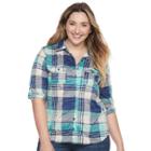 Plus Size French Laundry Plaid Roll-tab Button-down Shirt, Women's, Size: 1xl, Brt Blue