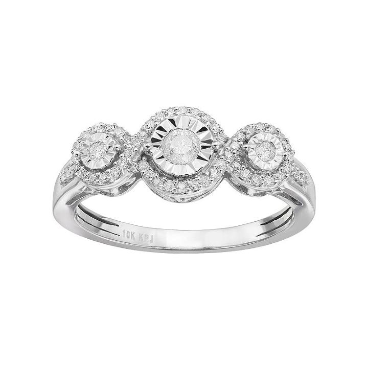 1/3 Carat T.w. Diamond 10k White Gold 3-stone Halo Ring, Women's, Size: 6