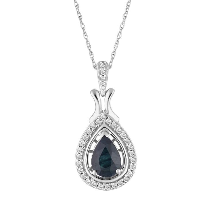 10k White Gold Sapphire & 1/6 Carat T.w. Diamond Teardrop Halo Pendant, Women's, Size: 18, Blue