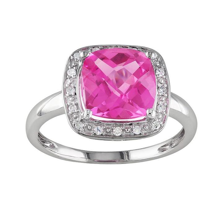 10k White Gold Lab-created Pink Sapphire And 1/10-ct. T.w. Diamond Frame Ring, Women's, Size: 6