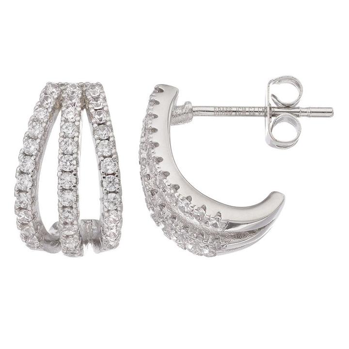 Fleur Silver Tone Cubic Zirconia J-hoop Earrings, Women's, White