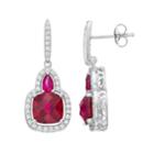 Sterling Silver Lab-created Ruby & Lab-created White Sapphire Halo Drop Earrings, Women's, Red