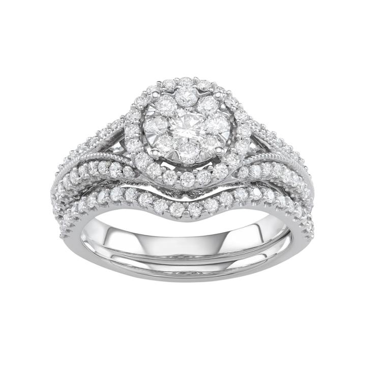 Boston Bay Diamonds 10k White Gold 1 Carat T.w. Diamond Halo Engagement Ring Set, Women's, Size: 5