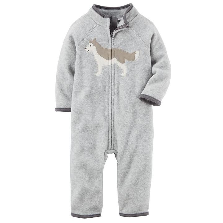 Baby Boy Carter's Wolf Heathered Fleece Jumpsuit, Size: 3 Months, Light Grey