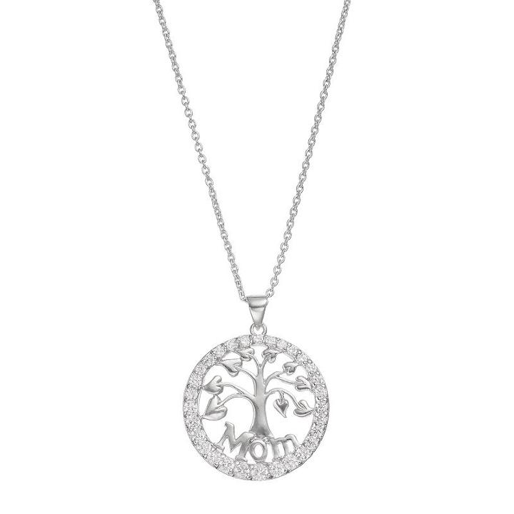 Silver Plated Cubic Zirconia Mom Family Tree Disc Pendant, Women's, Size: 18, White