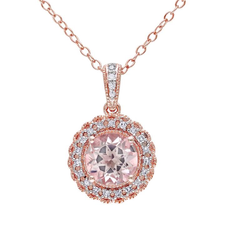 Stella Grace Rose Gold Tone Sterling Silver 1/10 Carat T.w. Diamond & Morganite Halo Pendant Necklace, Women's, Size: 18, Pink