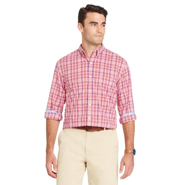 Men's Izod Classic-fit Essential Plaid Woven Button-down Shirt, Size: Large, Pink