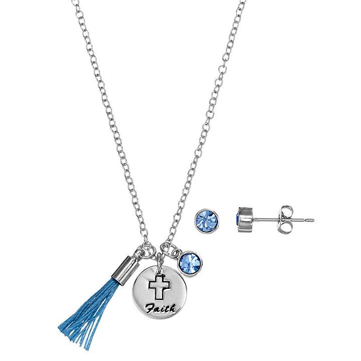 Silver Plated Faith Tassel Charm Pendant & Crystal Stud Earring Set, Women's, Size: 18, Blue