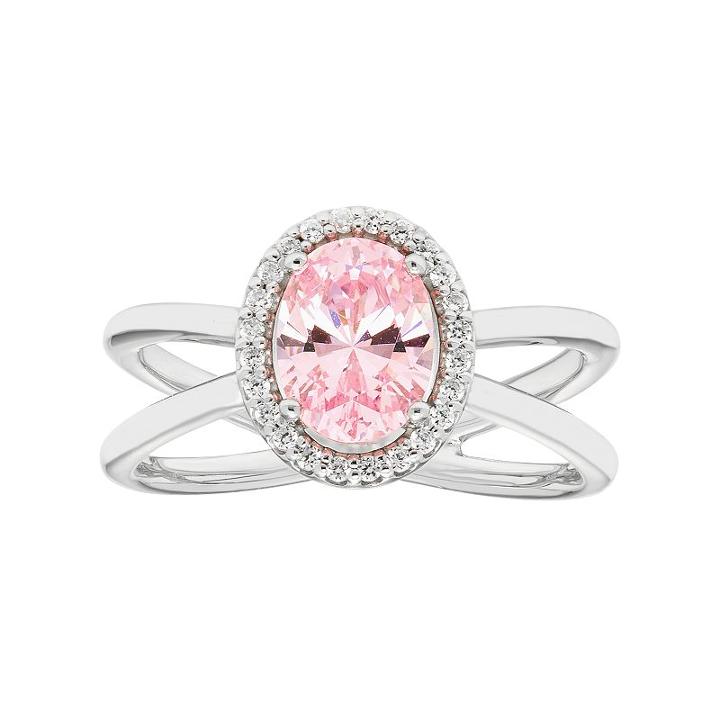 Sterling Silver Pink Cubic Zirconia Oval Halo Crisscross Ring, Women's, Size: 5