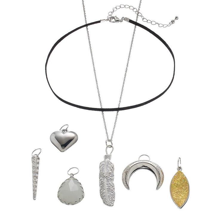 Mudd&reg; Feather, Heart & Crescent Interchangeable Charm Necklace Set, Women's, White