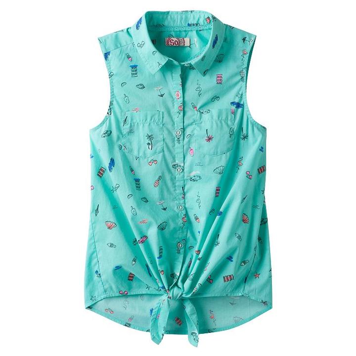 Girls 7-16 So&reg; Button-down Patterned Tie-front Top, Girl's, Size: 7-8, Turquoise/blue (turq/aqua)