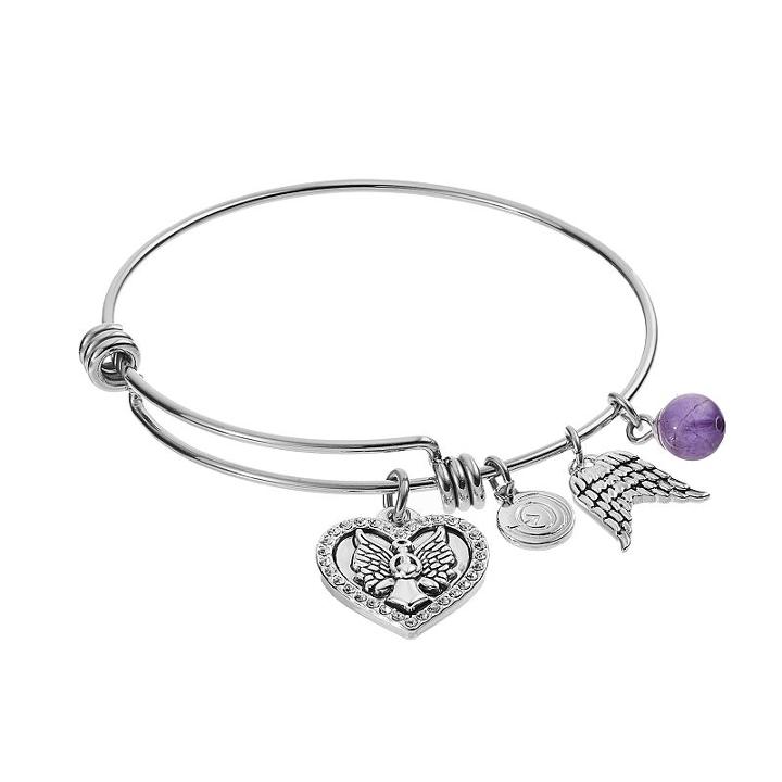 Love This Life Amethyst & Crystal Angel Heart Charm Bangle Bracelet, Women's, Grey