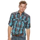 Men's Rock & Republic Shoulder-patch Plaid Button-down Shirt, Size: Large, Turquoise/blue (turq/aqua)