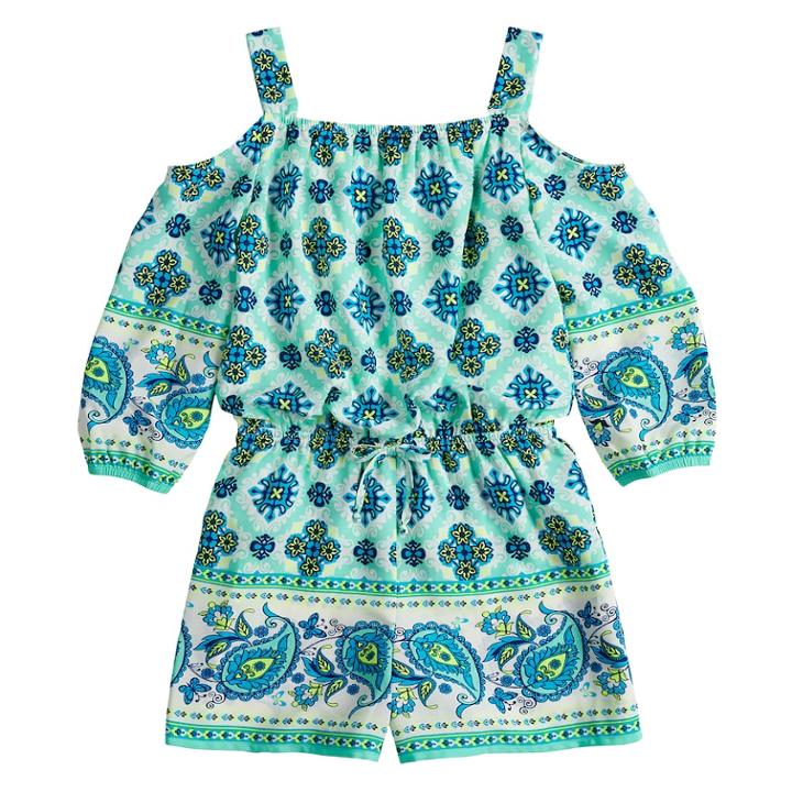 Girls 7-16 My Michelle Printed Cold Shoulder Romper, Size: Medium, Turquoise/blue (turq/aqua)