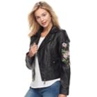 Juniors' J-2 Embroidered Faux-leather Moto Jacket, Teens, Size: Medium, Black