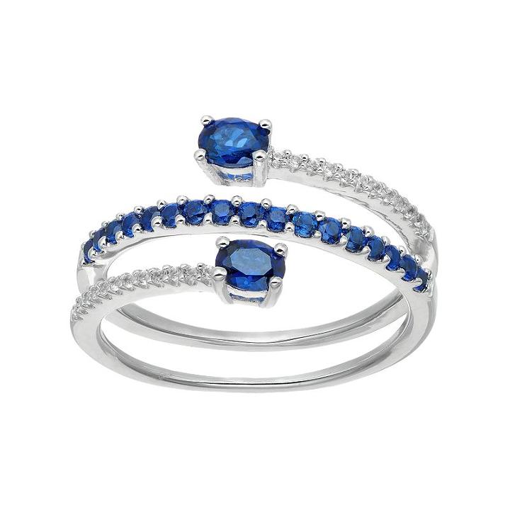 Sterling Silver Lab-created Blue & White Sapphire Bypass Ring, Women's, Size: 7