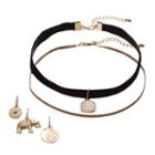 Elephant, Moon, Starburst & Cabochon Charm Choker Necklace Set, Women's, Black