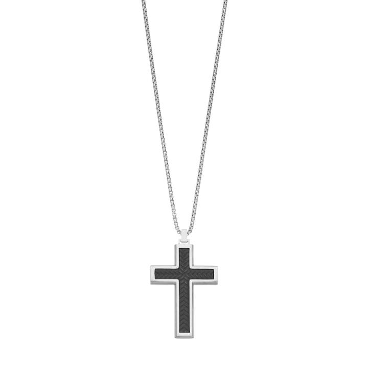 Lynx Men's Two Tone Stainless Steel Textured Cross Pendant Necklace, Size: 24, Black
