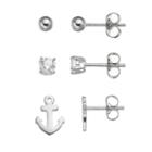 Cubic Zirconia Sterling Silver Anchor & Ball Stud Earring Set, Women's, Grey