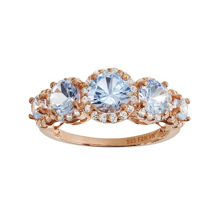 Lab-created Aquamarine And Lab-created White Sapphire 14k Rose Gold Over Silver 5-stone Halo Ring, Women's, Size: 12, Blue Other