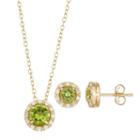 18k Gold Over Silver Peridot & Cubic Zirconia Halo Pendant & Stud Earring Set, Women's, Size: 18, Green