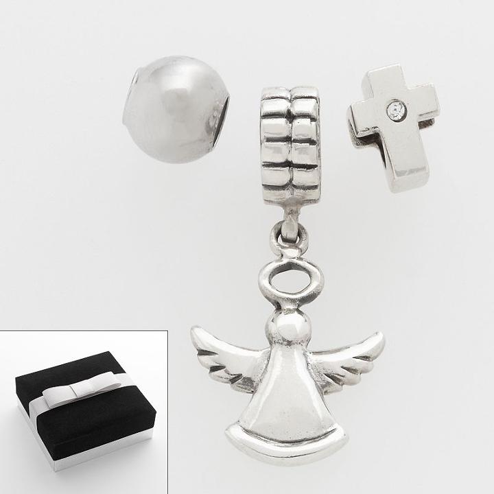 Individuality Beads Sterling Silver Crystal Cross And Spacer Bead And Angel Charm Set, Women's, White