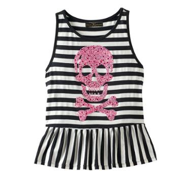 Disney D-signed Pirates Of The Caribbean: Dead Men Tell No Tales Girls 7-16 Embellished Skull & Crossbones Striped Ruffle Tank Top, Size: Small, Black
