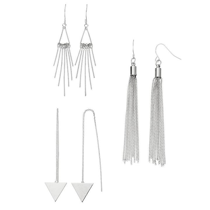 Triangle Threader, Tassel & Stick Drop Earring Set, Women's, Silver