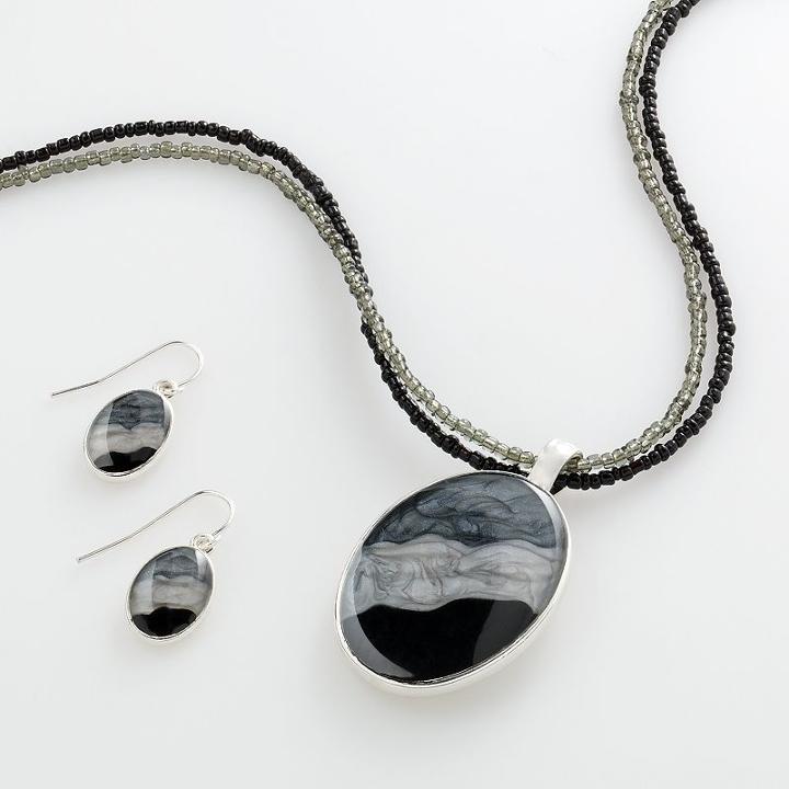 Silver Tone Pendant And Drop Earring Set, Women's, Grey