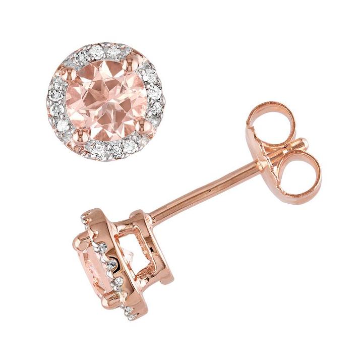 Pink Rhodium-plated Sterling Silver Morganite And Diamond Accent Halo Stud Earrings, Women's