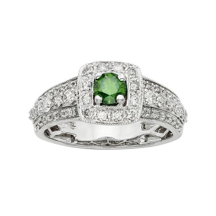 Igl Certified Green & White Diamond Square Halo Engagement Ring In 14k White Gold (1 Carat T.w.), Women's, Size: 7