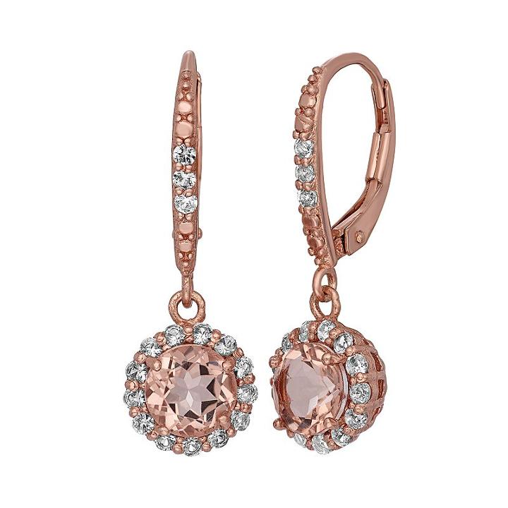 Pink Quartz Doublet And Lab-created White Sapphire 14k Rose Gold Over Silver Halo Drop Earrings, Women's